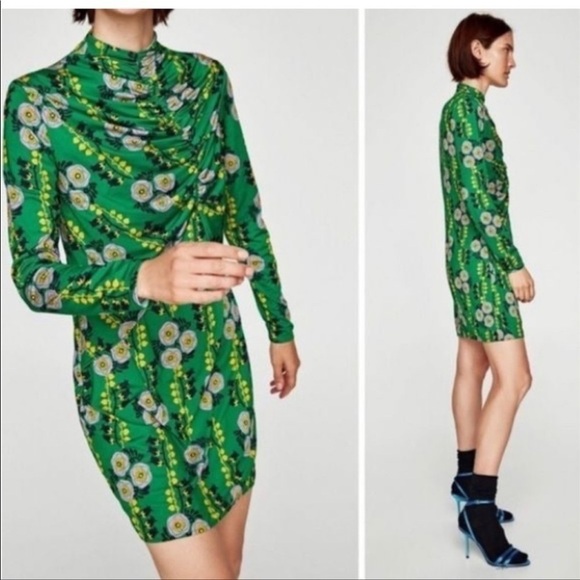 Zara Green Floral High Neck Ruched Dress - Picture 1 of 5
